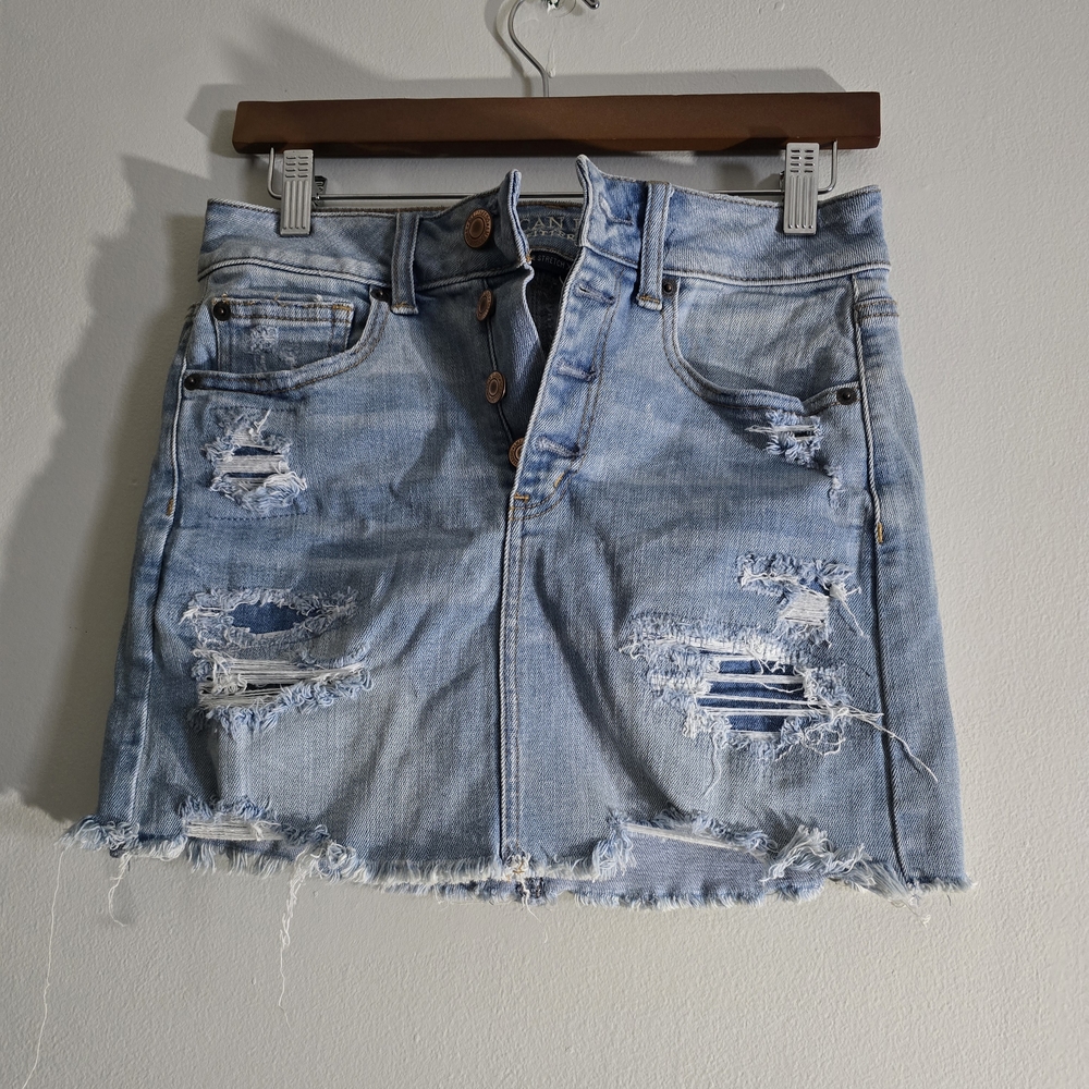 American Eagle Outfitters Light Blue Distressed Mini Skirt